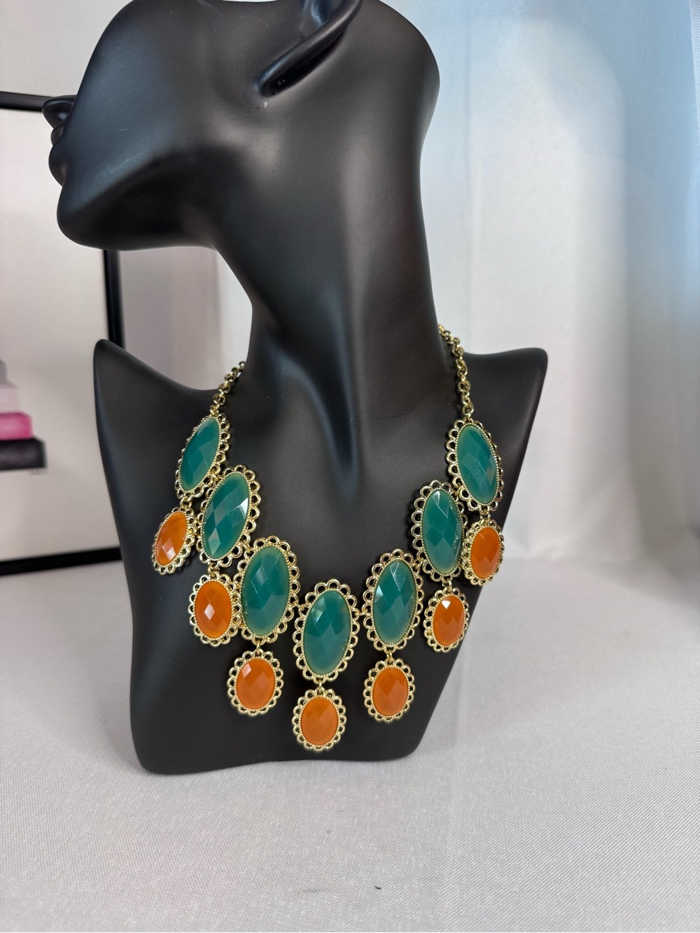 Gold-Tone Teal and Orange Statement Necklace